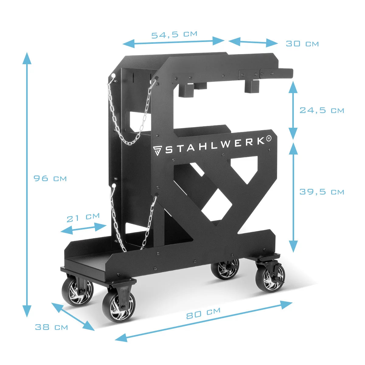STAHLWERK Schweißwagen SW-800-ST mit 1,5 mm Wandstärke | Longlife-Gummirollen | Gerätewagen für Schweißgeräte und Plasmaschneider mit Kabel- und Schlauchhalterung sowie Kettensicherung für Gasflaschen