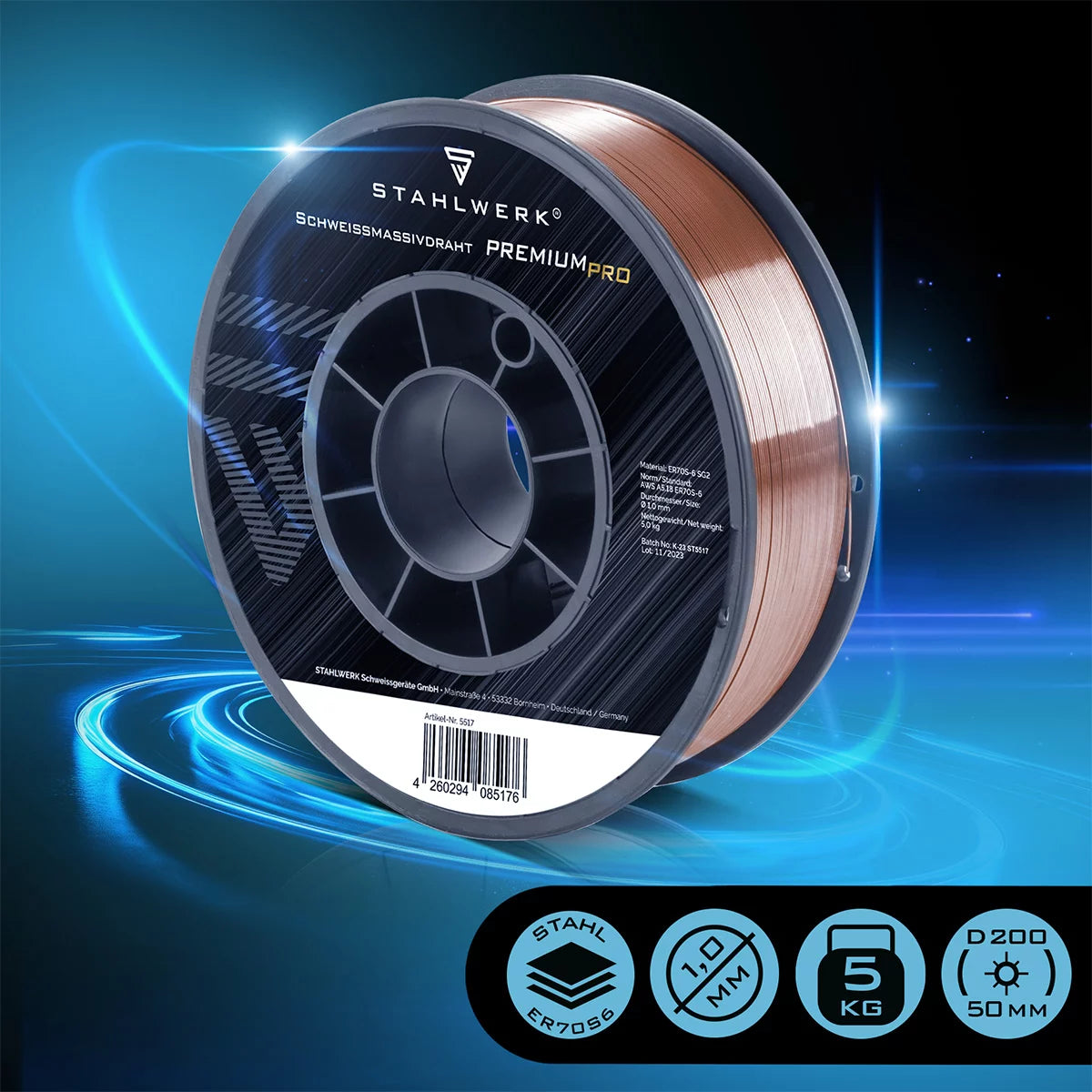 Stahlwerk Mig Mag Premium Welding Wire ER70S-6 SG2 Ø 1,0 mm S200 / D200 Rouleau de fil 5 kg