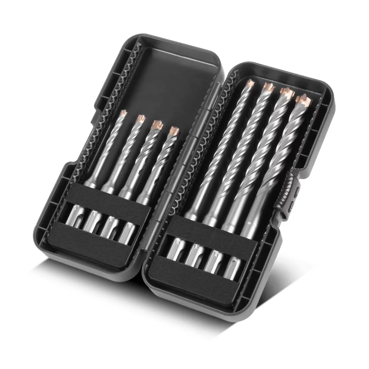 Ensemble de 8 parties de forage SDS-Plus en acier avec boîte | Diamètre 5-12 mm | Croix à la pointe et double taureau | Longueurs 110-160 mm | Perceuse en pierre et perceuse en béton pour SDS-Plus enregistrant 10 mm | Fort et précis