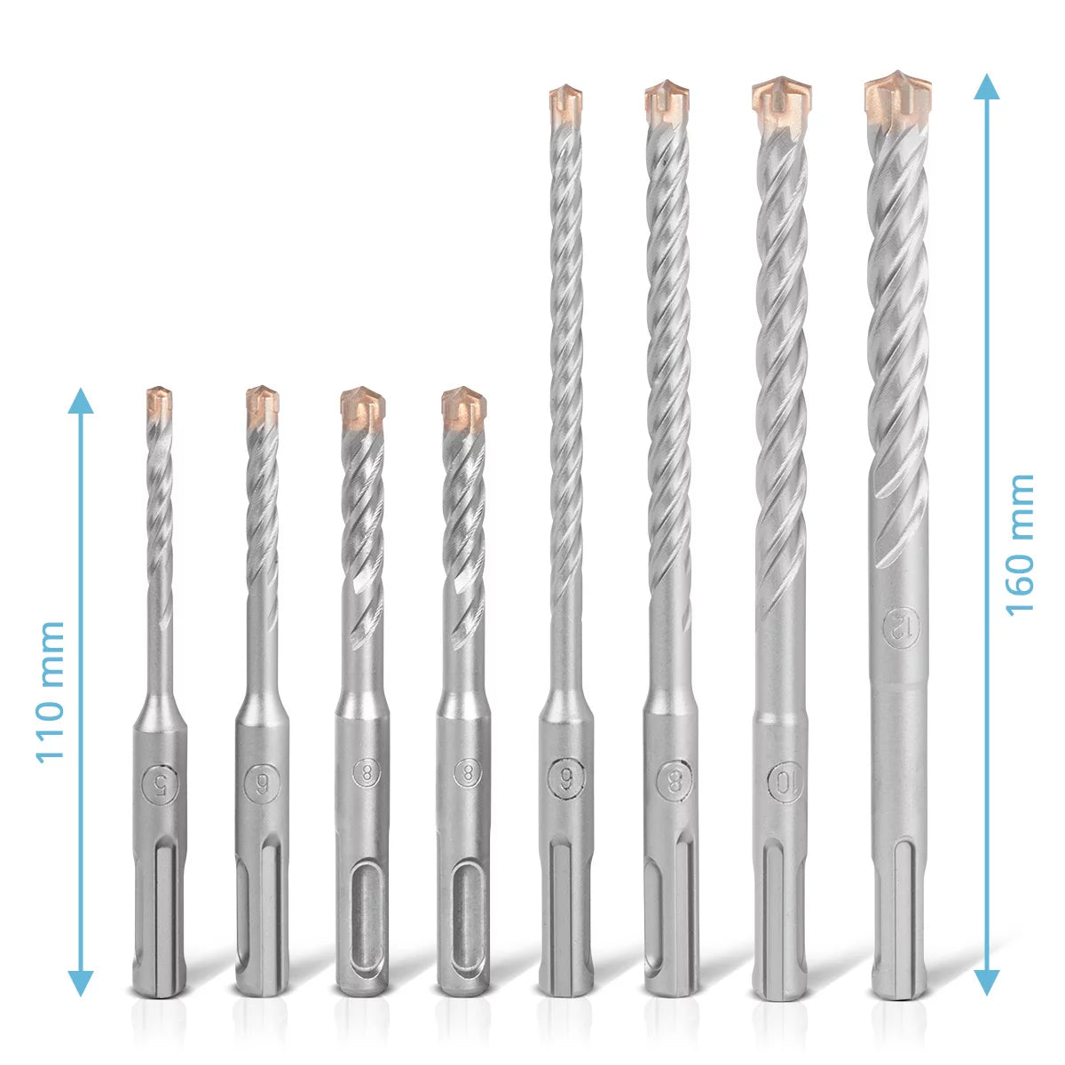 Ensemble de 8 parties de forage SDS-Plus en acier avec boîte | Diamètre 5-12 mm | Croix à la pointe et double taureau | Longueurs 110-160 mm | Perceuse en pierre et perceuse en béton pour SDS-Plus enregistrant 10 mm | Fort et précis