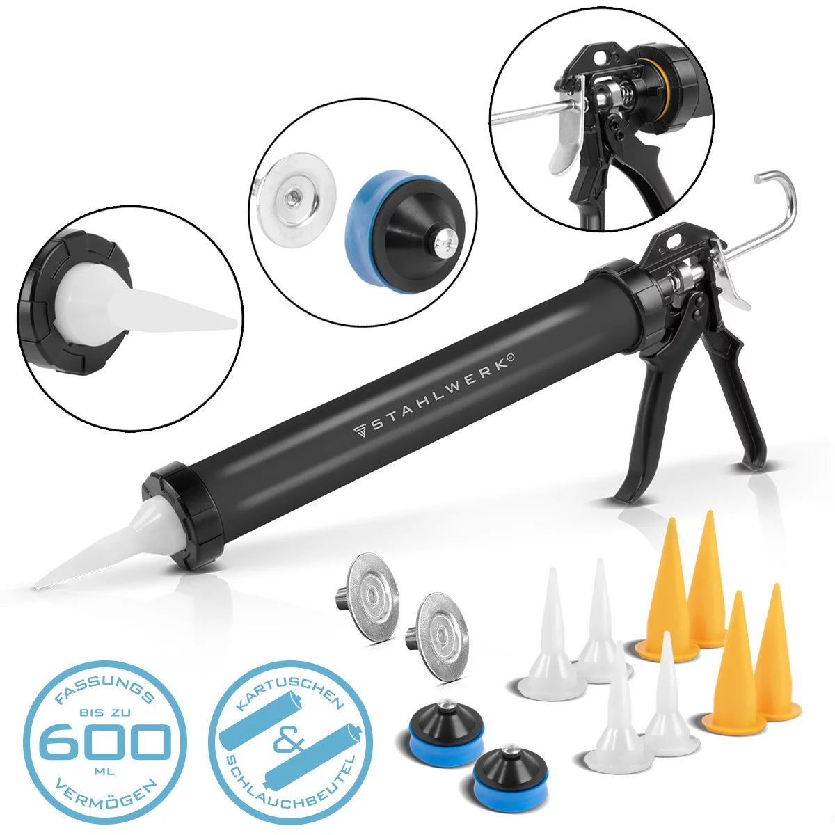 STAHLWERK Silikonpistole SPB-600 ST mit 600 ml aus Aluminium Silikonpresse | Acrylpistole | Kartuschenpresse | Beutelpresse | Silikonspritze | Kartuschenpistole für Kartuschen und Schlauchbeutel