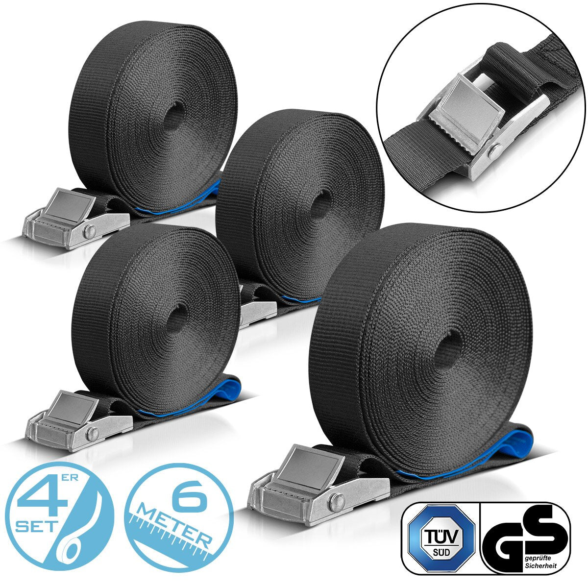 STAHLWERK Spanngurt 4er Set 6 m x 25 mm LC 250 daN Befestigungsriemen | Zurrgurt mit Klemmschloss TÜV/GS geprüft