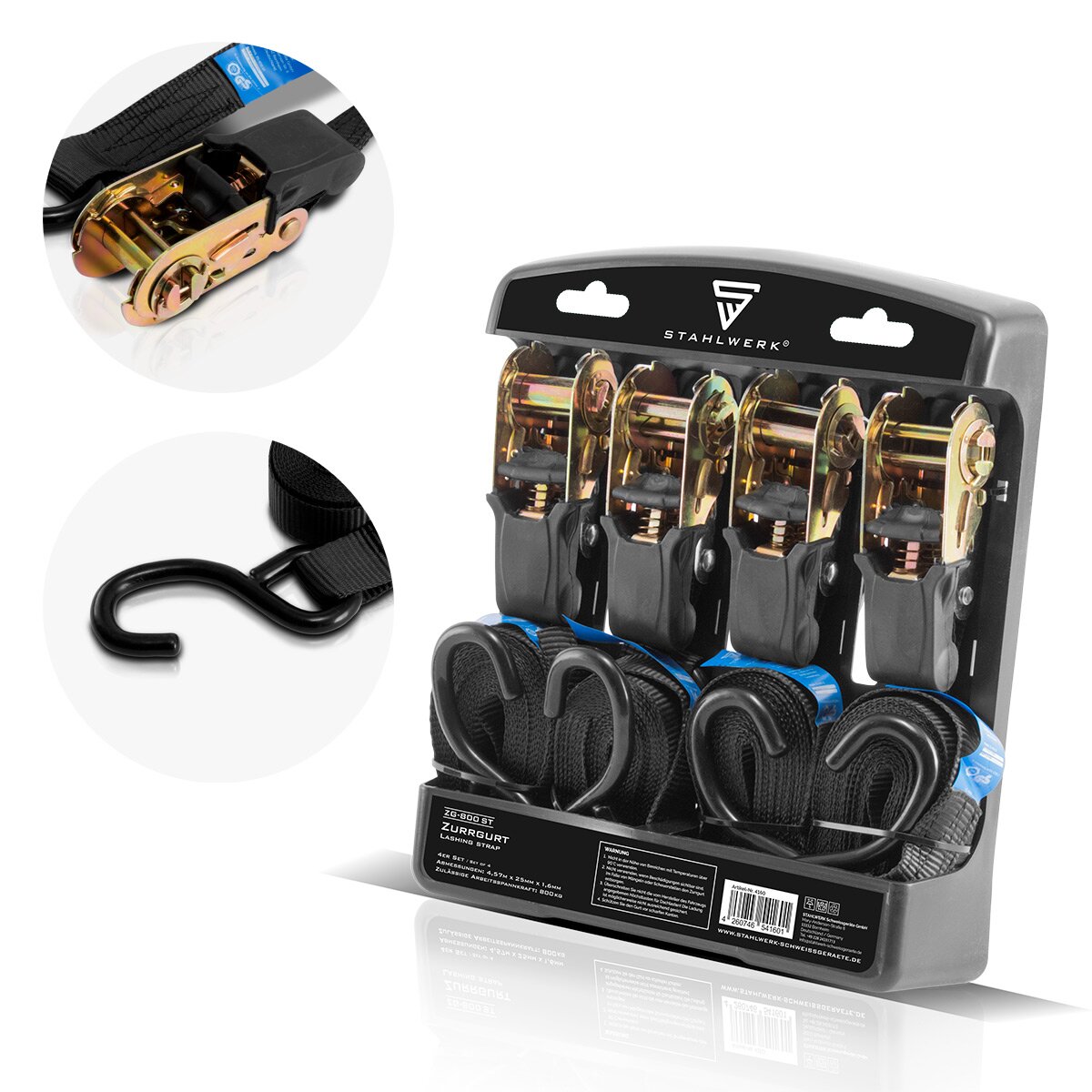 Ceintures de tension en acier avec cliquet + crochet ZG-800 ST 400 kg trains 4 set / ruban de serrage / sangle de lavage / ceinture à cliquet avec une longueur de 4,57 m et une charge de rupture de 680 kg