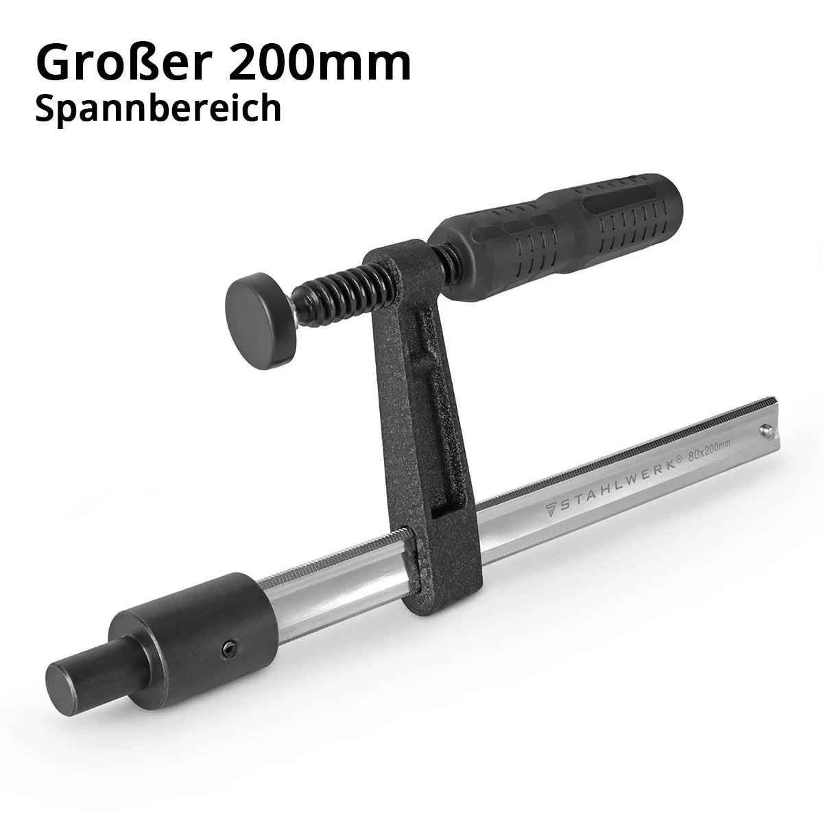 STAHLWERK Spannzwinge für Schweißtische| F-Clamp mit Spannbereich 80 x 200 mm| D 16 Lochsystem | Fixiert Werkstücke sicher | Vernickelter Schaft | Profil-Führungsschiene | Vollgummierter Knebelgriff