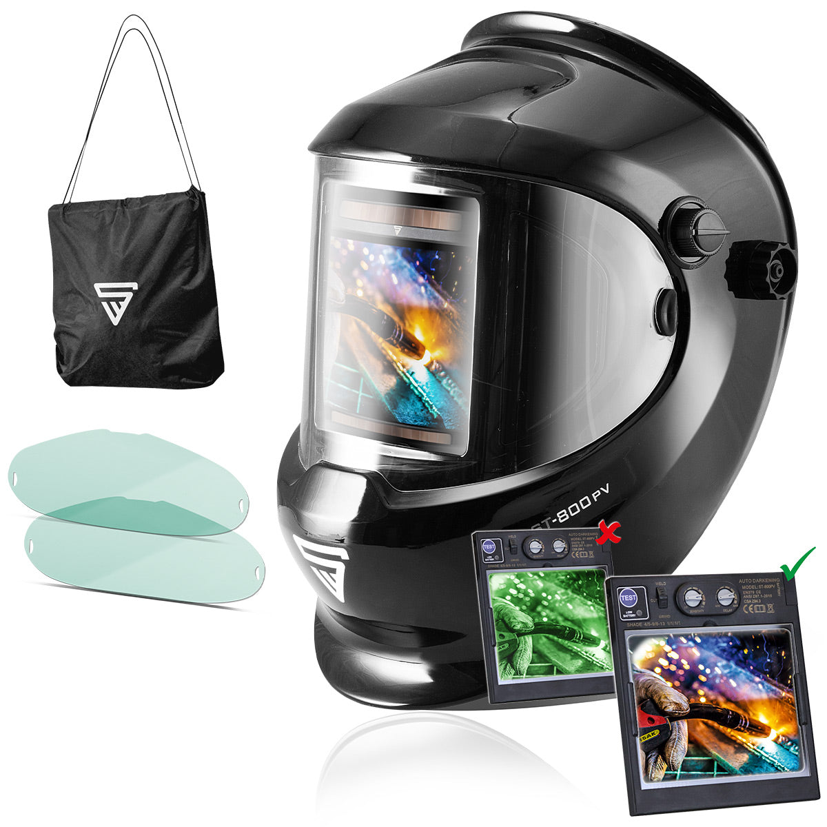 STAHLWERK Vollautomatik Real Colour Schweißhelm ST-800 PV, 3 in 1 Funktion, 180° Sichtfeld, schwarz glänzend, großes Sichtfeld, inkl. 2 Ersatzscheiben