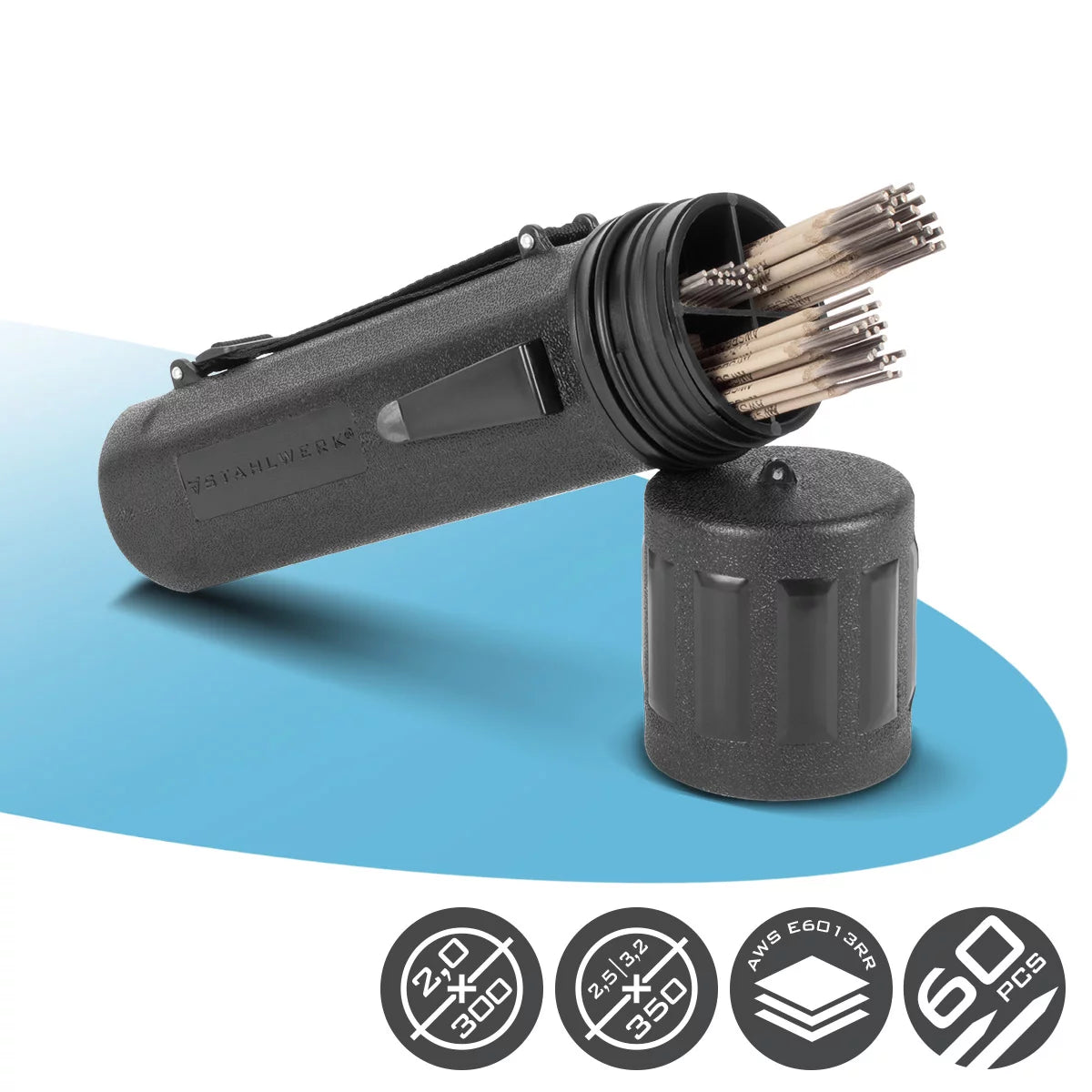 STAHLWERK stick electrode set with waterproof storage box | Welding rods AWS E6013 RR in electrode holder | 60 electrodes value pack | 2.0 x 300mm | 2.5x350mm | 3.2x350mm