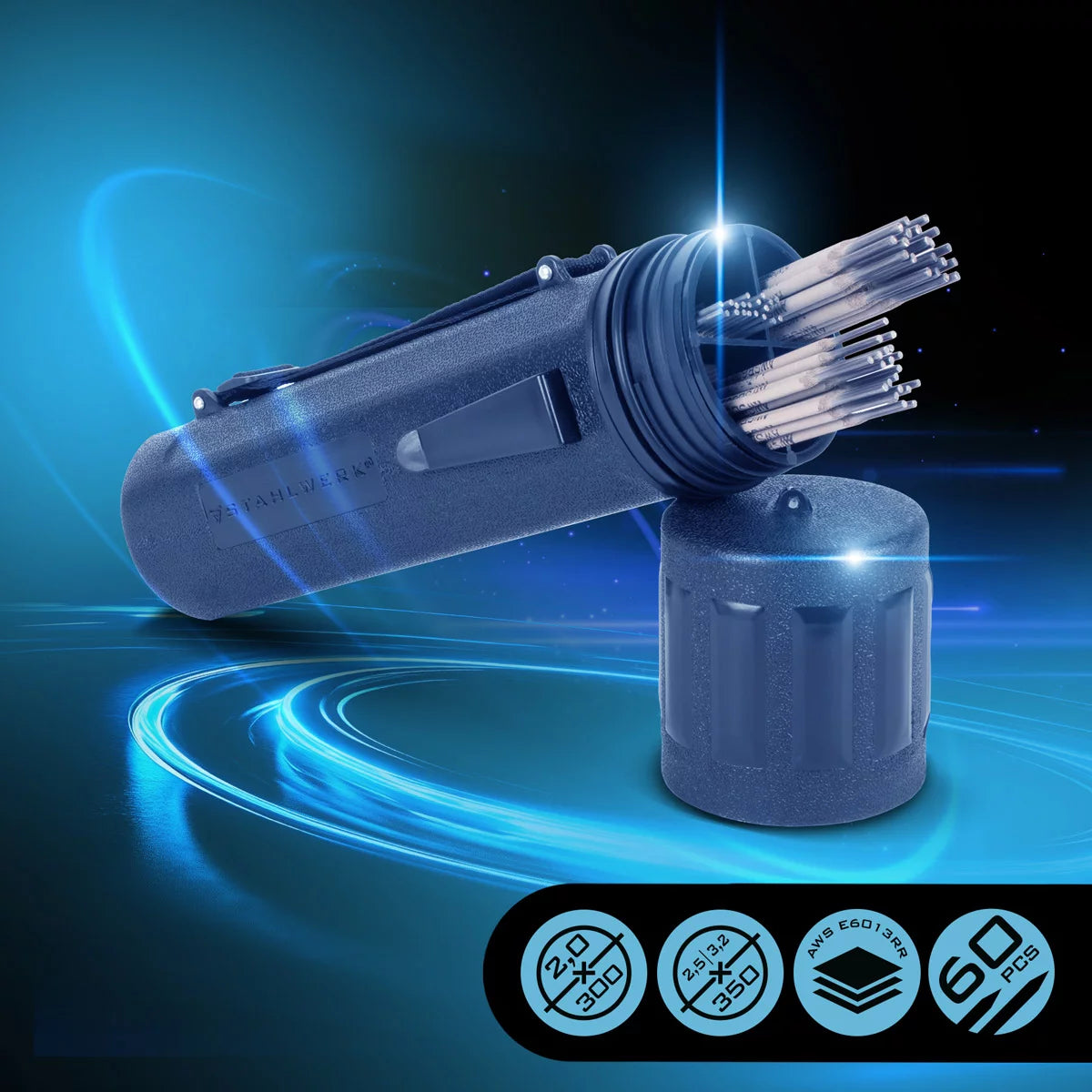STAHLWERK stick electrode set with waterproof storage box | Welding rods AWS E6013 RR in electrode holder | 60 electrodes value pack | 2.0 x 300mm | 2.5x350mm | 3.2x350mm