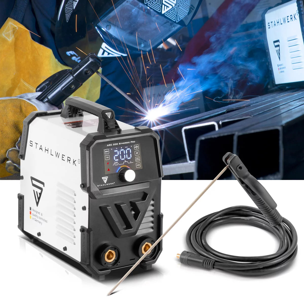 STAHLWERK ARC 200 Synergic Pro Elektroden-Schweißgerät, vollsynergischer MMA | E-Hand | Lift-TIG Inverter mit 200 Ampere und IGBT Technologie