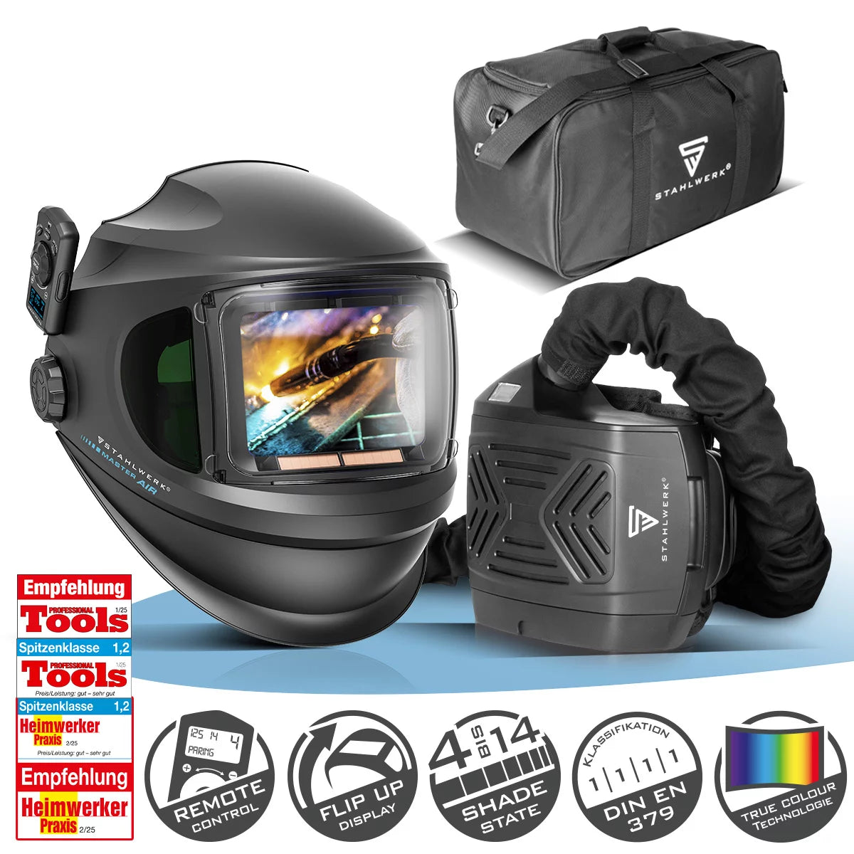 STAHLWERK Masque de soudage automatique 3 en 1 MASTER AIR | Masque de soudage avec alimentation en air frais | Télécommande Bluetooth | Reproduction fidèle des couleurs | Assombrissement DIN 4 à DIN 14 | Classe optique 1/1/1/1