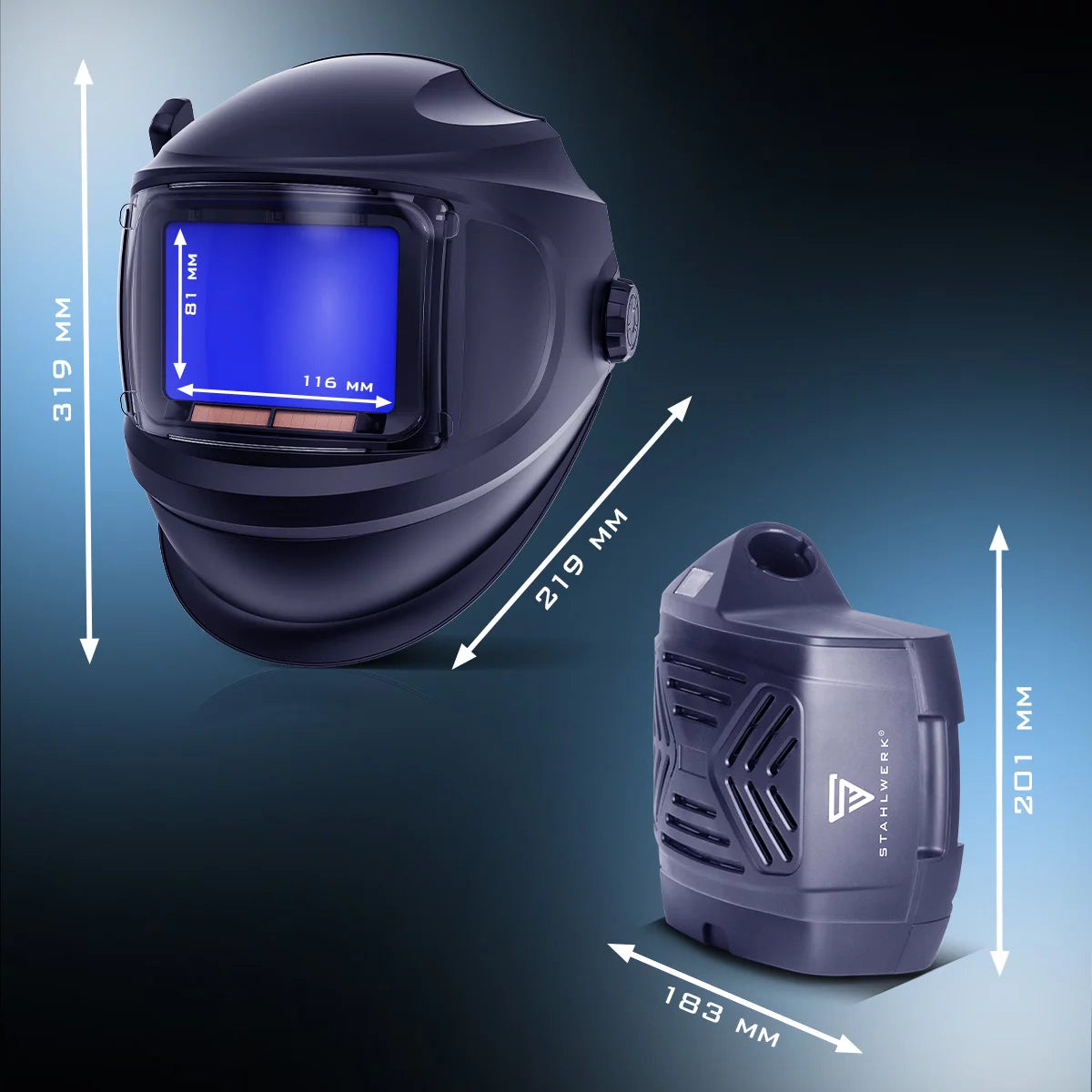 STAHLWERK 3-in-1 Automatik-Schweißhelm MASTER AIR | Schweißhelm mit Frischluftzufuhr | Bluetooth-Fernsteuerung | True-Colour-Farbwiedergabe | Abdunkelung DIN 4 bis DIN 14 | Optische Klasse 1/1/1/1
