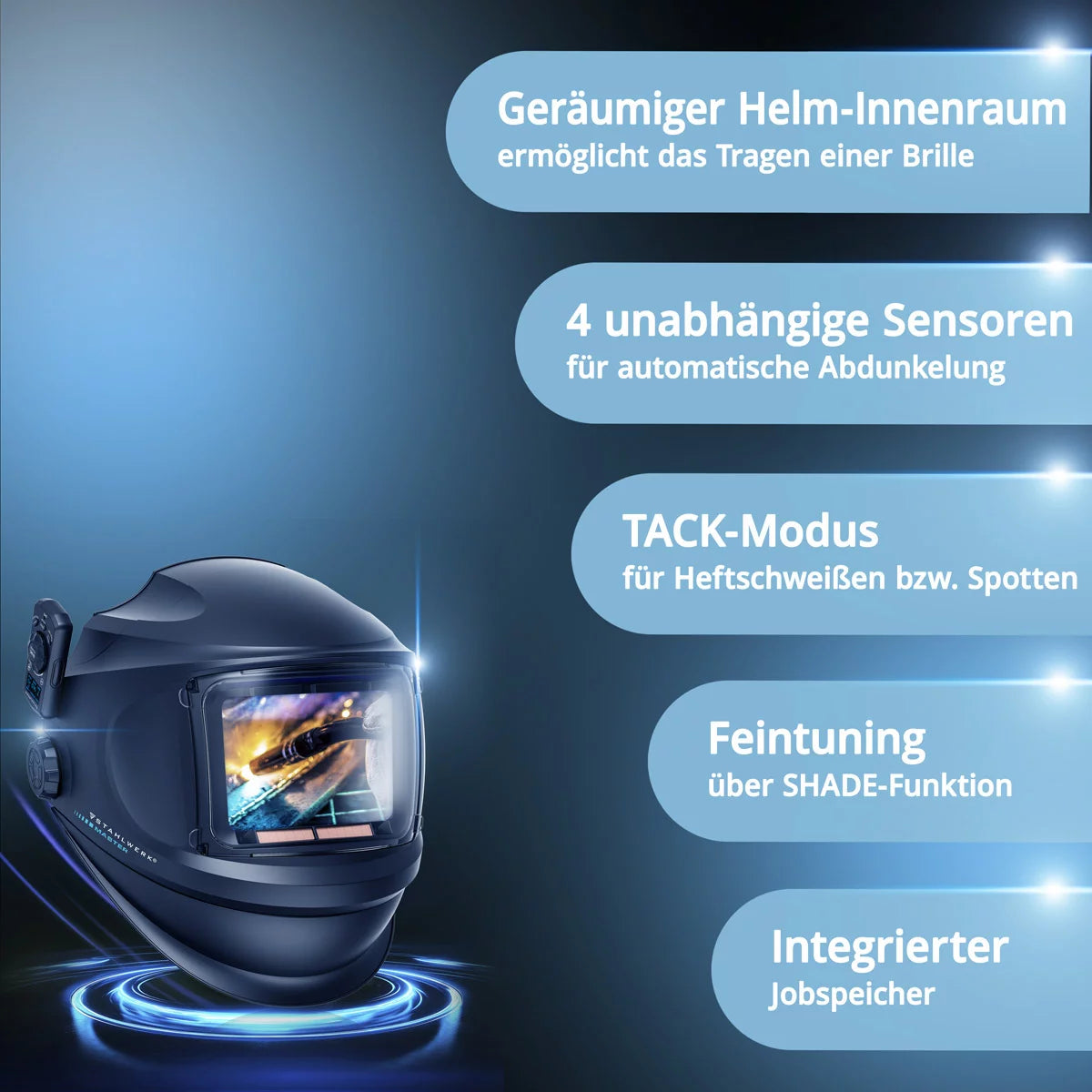 STAHLWERK Masque de soudage automatique 3 en 1 MASTER AIR | Masque de soudage avec alimentation en air frais | Télécommande Bluetooth | Reproduction fidèle des couleurs | Assombrissement DIN 4 à DIN 14 | Classe optique 1/1/1/1