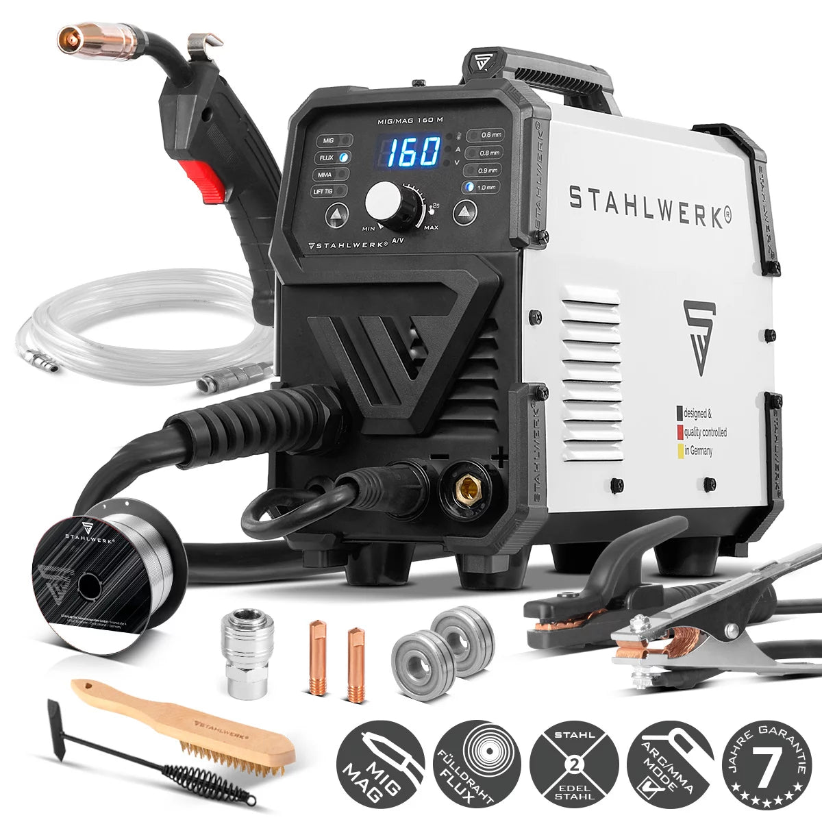 STAHLWERK MIG/MAG 160 M welding machine Fully synergic 5 in 1 combination device with real 160 amps and 2 rolls of drive/cored wire, MIG MAG, ARC MMA, Lift TIG