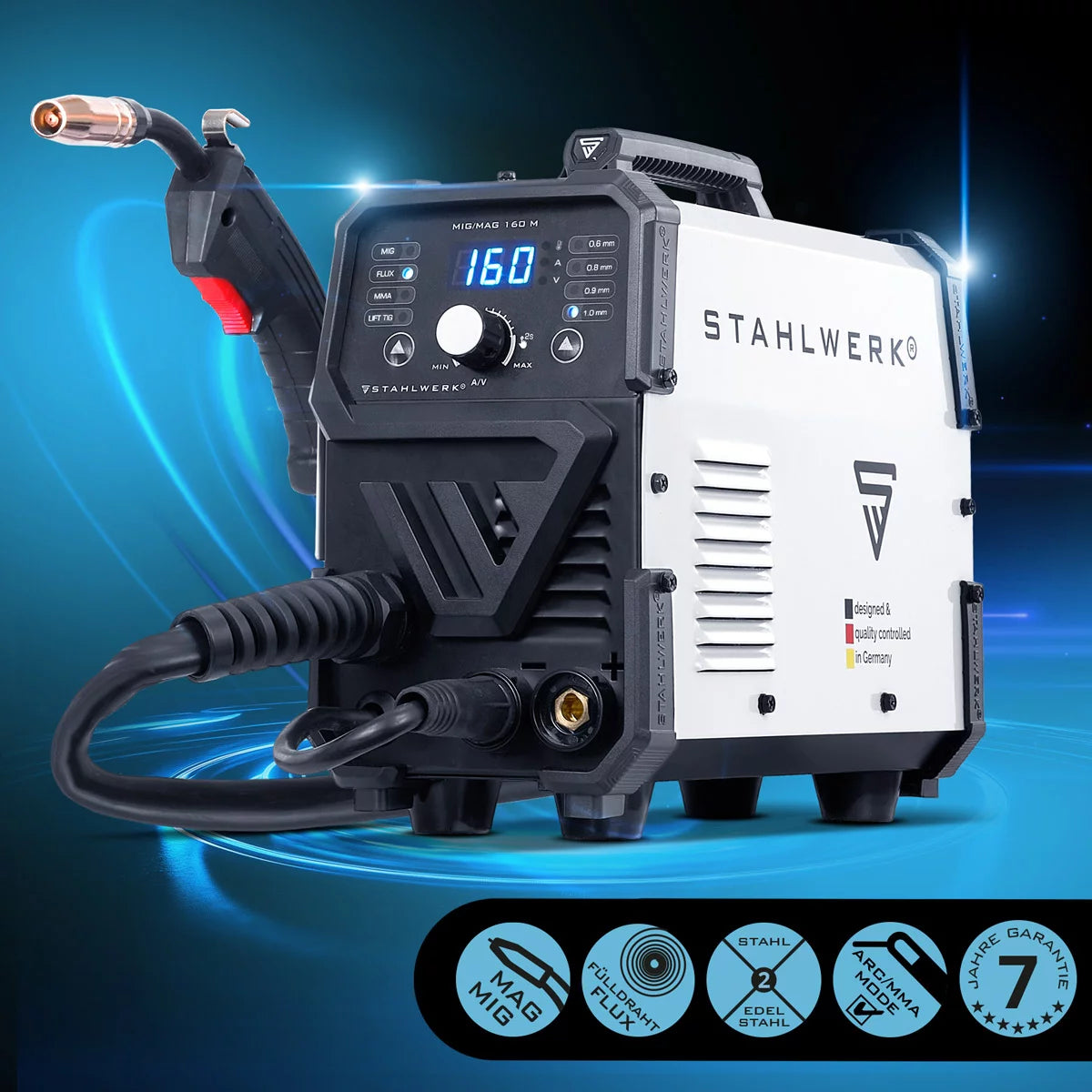 STAHLWERK MIG MAG 160 M Fully equipped welding machine Fully synergic 5 in 1 combination device with real 160 amps and 2 rolls of drive/cored wire, MIG MAG, ARC MMA, Lift TIG
