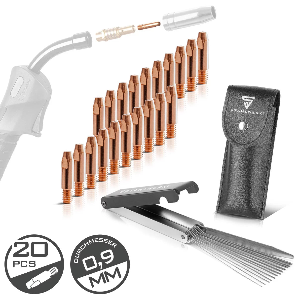 STAHLWERK MIG MAG contact tip set | Set of 20 contact tips M6x28 0.9 mm | 13-in-1 nozzle cleaner in a case | Accessories for AK25, MB25, KD24, MB24 | Cleaning and wear parts set for MIG/MAG welding torches