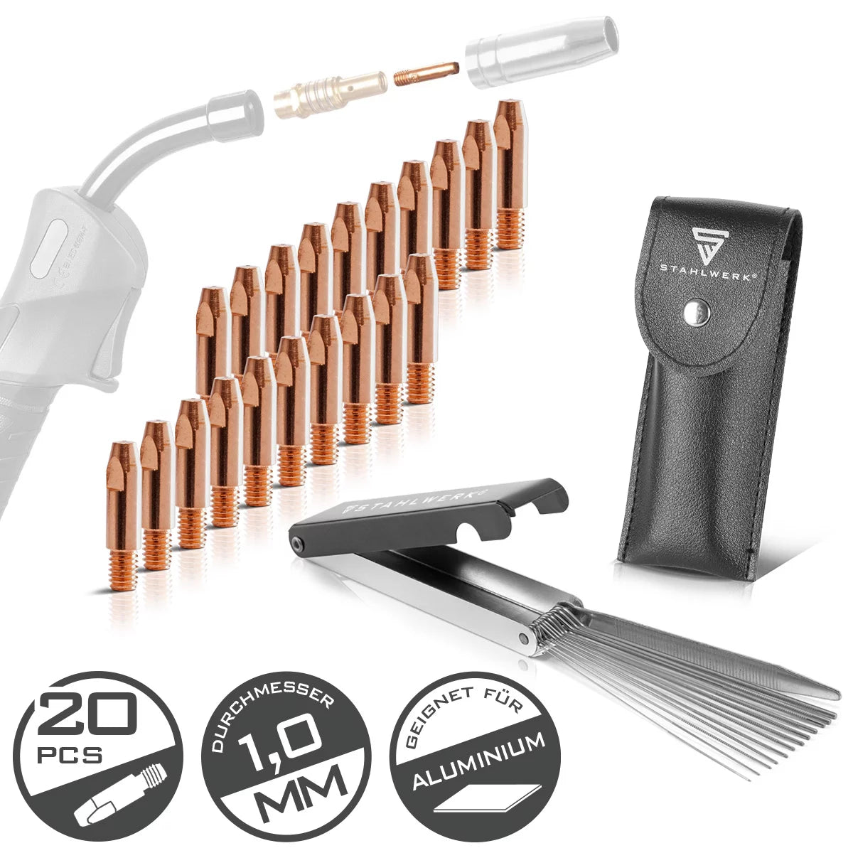 STAHLWERK MIG MAG contact tip set for aluminum | Set of 20 contact tips M6x28 1.0 mm | 13-in-1 nozzle cleaner in a case | AK25, MB25, KD24, MB24 | Cleaning and wear parts set for MIG/MAG welding torches