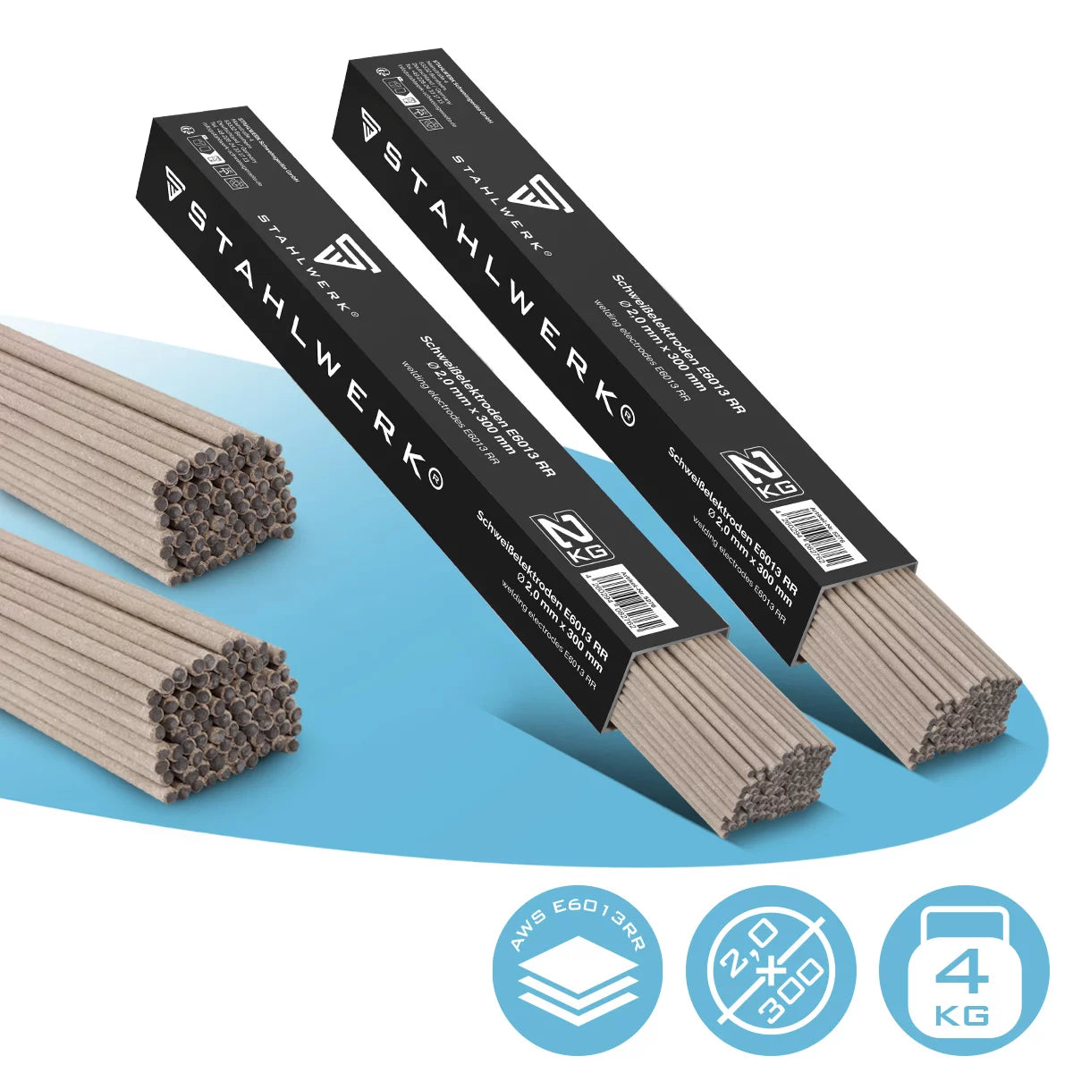 STAHLWERK 2 x Stabelektroden AWS E6013RR dick rutilumhüllt 2 mm x 300 mm, Schweißstrom 50-70 A, hohe chemische Reinheit, 2 kg MMA ARC