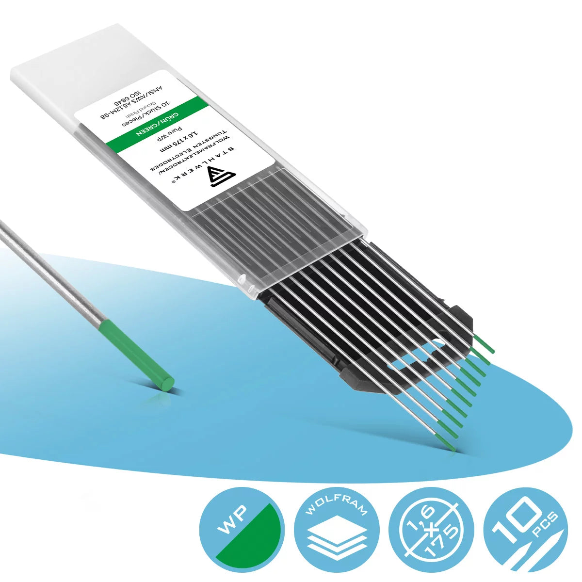 Electrodes en tungstène en acier WP Green 1,6 mm x 175 mm 10 pièces