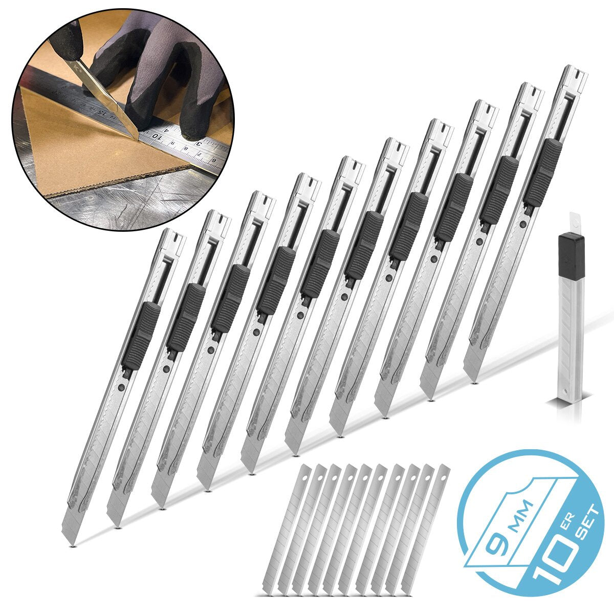 STAHLWERK Cuttermesser 10er Set mit 9 mm Abbrechklingen aus bruchfestem Carbon-Stahl präziser Cutter | Teppichmesser | Sicherheitsmesser | Paketmesser | Kartonmesser