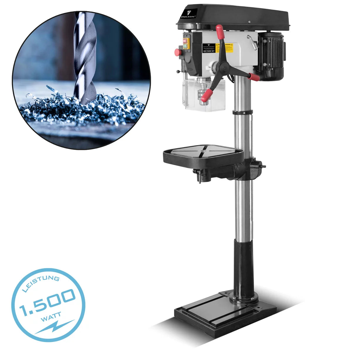 STAHLWERK BD-1500 ST Säulenbohrmaschine | Leistungsstarke Standbohrmaschine 1500 Watt für Heimwerker und Metallbau | Bohrdurchmesser Ø 20 mm | 150 - 2.450 U/min | Robuster Bohrtisch und Metallfuss