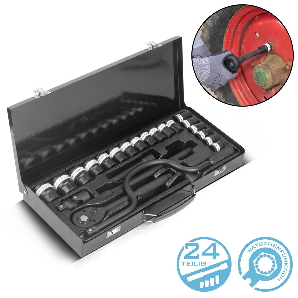 Steelwork Stcche Sttion Boîte de grincement en 24 parties | Ensemble de cliquet | STCKING CANNET Set | Phrase Pinut | Boîtes à cliquet avec 1/2 "commutateur Jarrre, écrous de fiche, manivelle à main et accessoires