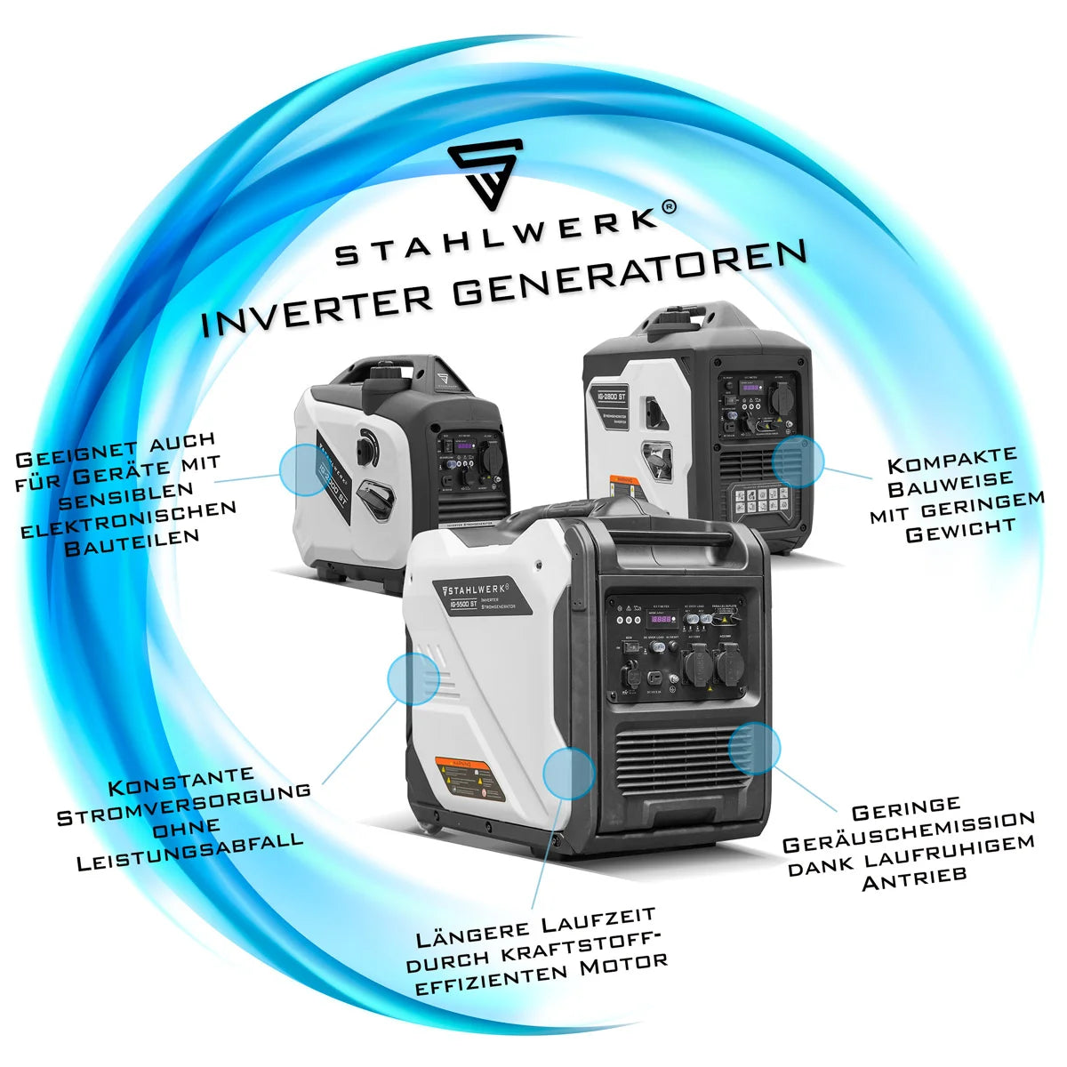 STAHLWERK IG-3500 ST Benzin Generator 3,5 kW | 4,76 PS Inverter Stromgenerator | Multi-Versorgungs Generator | Notstromaggregat, 4-Takt, 5-Verbraucher-Anschlüsse, verbrauchseffizient und wartungsarm