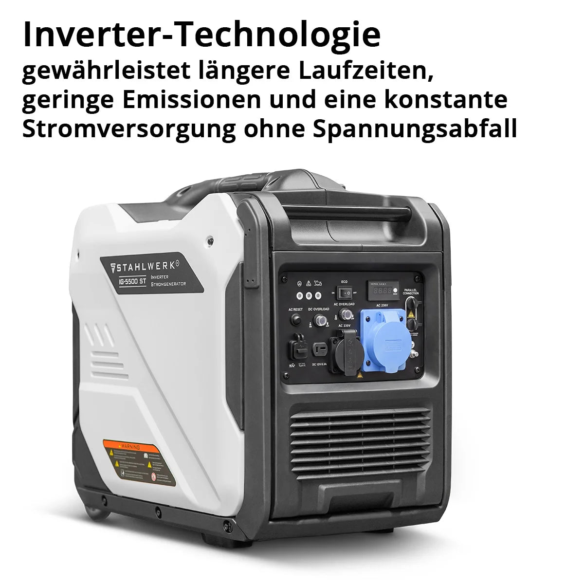 STAHLWERK IG-5500 ST Benzin Generator 5,5 kW | 7,48 PS | Inverter Stromgenerator | Stromerzeuger | Notstromaggregat mit Fernbedienung & E-Starter, verbrauchseffizient und wartungsarm