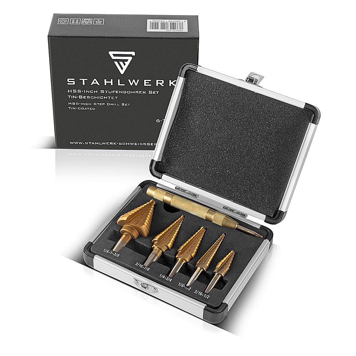 Steelwork HSS step drill / cone drill set 6 parts with TIN coating, creep drill / metal drill for precise drilling of alloyed and non-alloyed steels including automatic grains and aluminum case