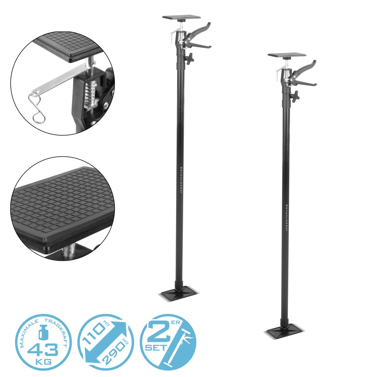STAHLWERK Teleskop-Stützstange 2er Set 110-290 cm mit 43 kg Tragkraft Montagestütze | Baustütze | Teleskopstütze | Türspanner | Deckenstütze | Spannstütze | Einhandstütze | Schnellspannstütze