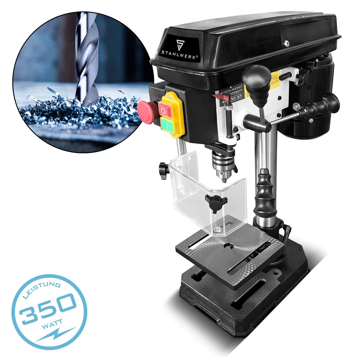 Taladradora de columna STAHLWERK BD-350 ST | Taladro de Banco Preciso 350W para Bricolaje, Construcción Metálica | Diámetro de perforación Ø 13 mm | 620 - 2.620 rpm | Mesa de perforación robusta y base metálica para mayor estabilidad.