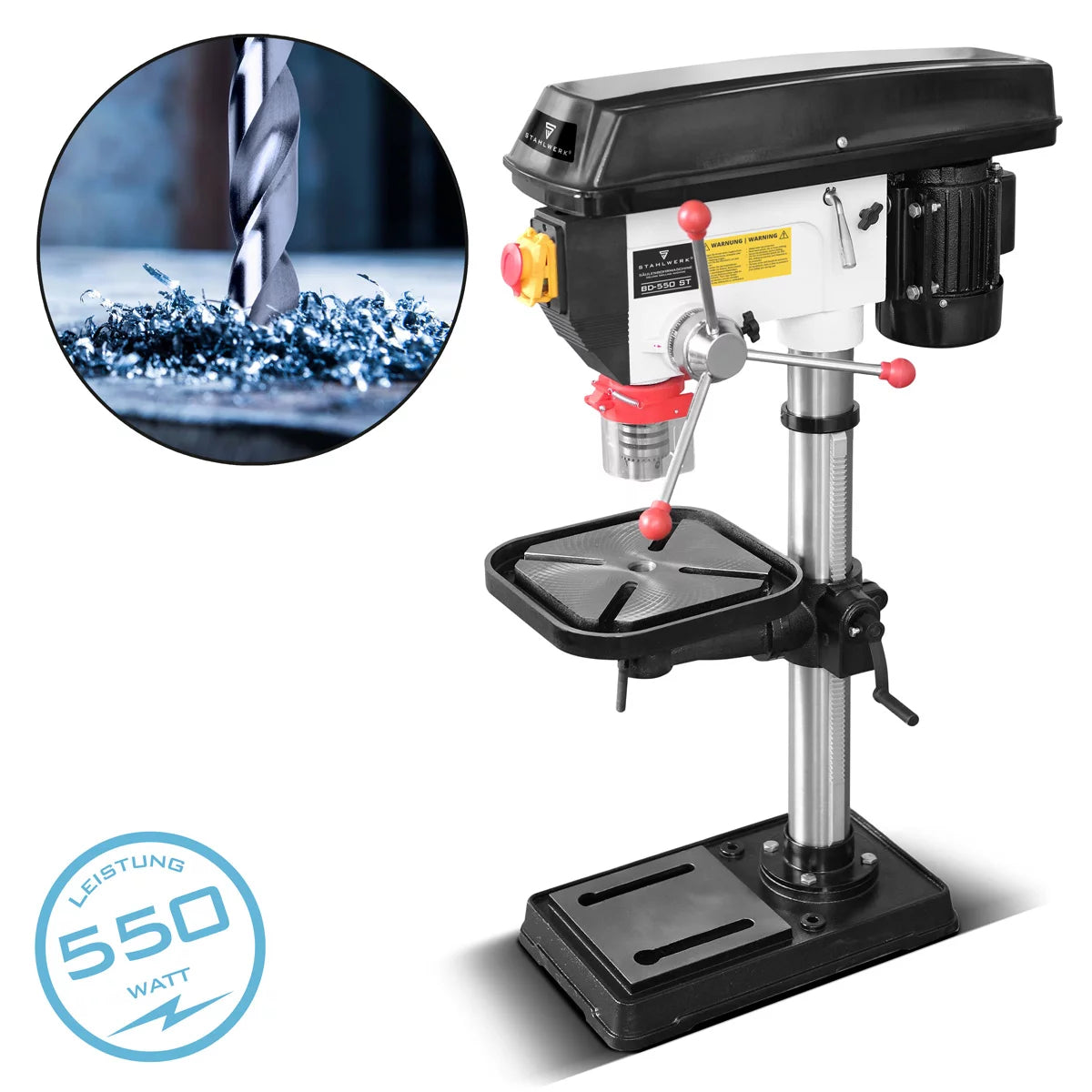 Taladro STAHLWERK BD-550 ST | Robusto taladro de columna de 550 W para bricolaje y construcción metálica | Diámetro de perforación Ø 16 mm | 200 - 2.800 rpm | Mesa de perforación robusta y base metálica para mayor estabilidad.