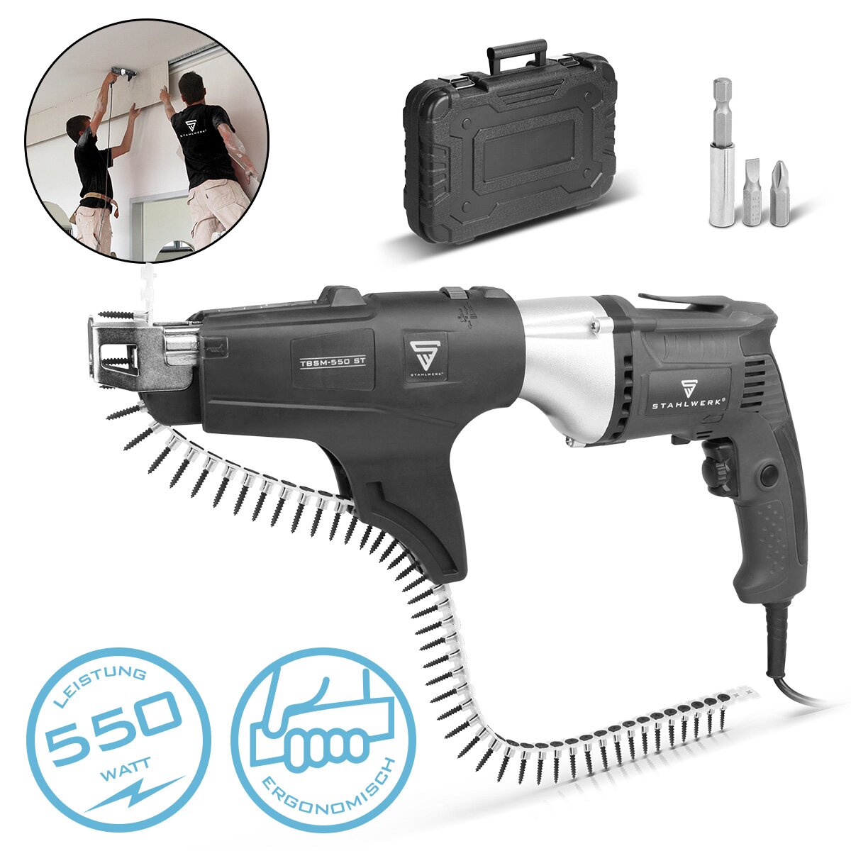 STAHLWERK Trockenbauschrauber mit Magazin TBSM-550 ST mit 550 W und 0 - 5500 U/min Schnellschrauber | Bauschrauber | Elektroschrauber | Schnellbauschrauber | Magazinschrauber