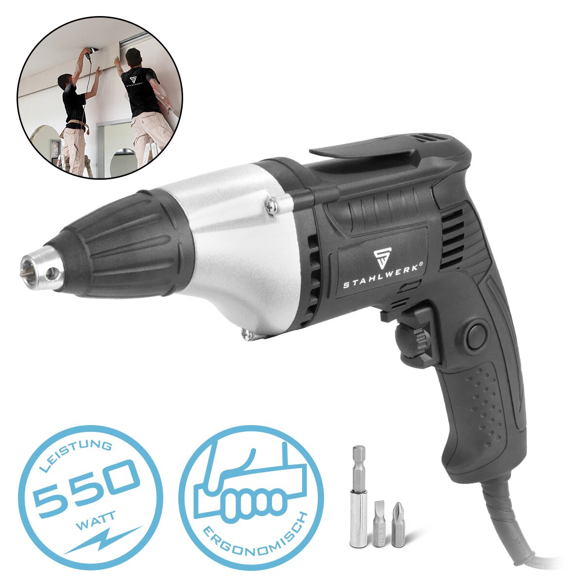 Steelworks drywall screwdriver TBS -550 ST with 550 W and 0 - 5500 rpm Quick screwdriver | Building screwdriver | Electric screwdriver | Quick -building screwdriver
