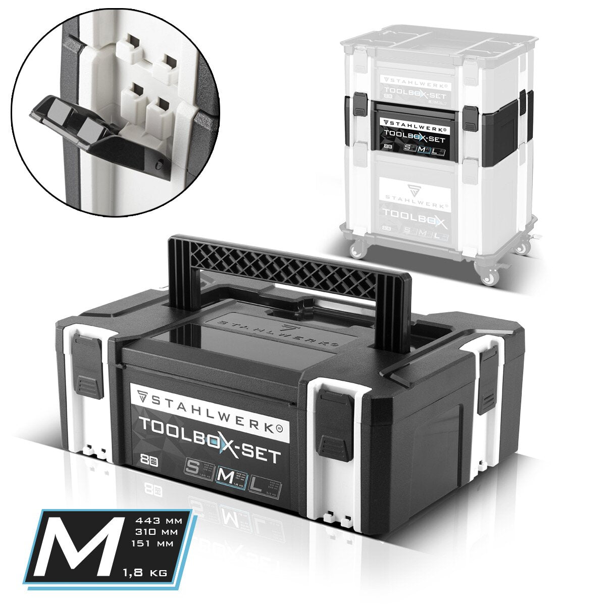 STAHLWERK Universal Toolbox Größe M 443 x 310 x 151 mm stapelbare Systembox | Werkzeugkiste | Werkzeugkoffer | Werkzeug-Organizer im Modul-System aus hochbelastbarem ABS-Kunststoff mit Tragegriff