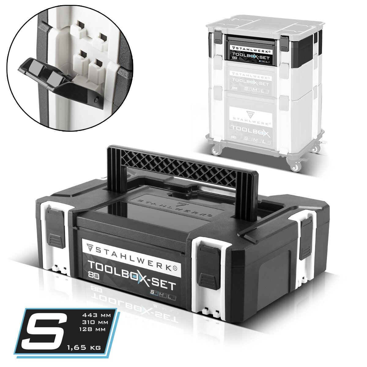 STAHLWERK Universal Toolbox Größe S 443 x 310 x 128 mm stapelbare Systembox | Werkzeugkiste | Werkzeugkoffer | Werkzeug-Organizer im Modul-System aus hochbelastbarem ABS-Kunststoff mit Tragegriff