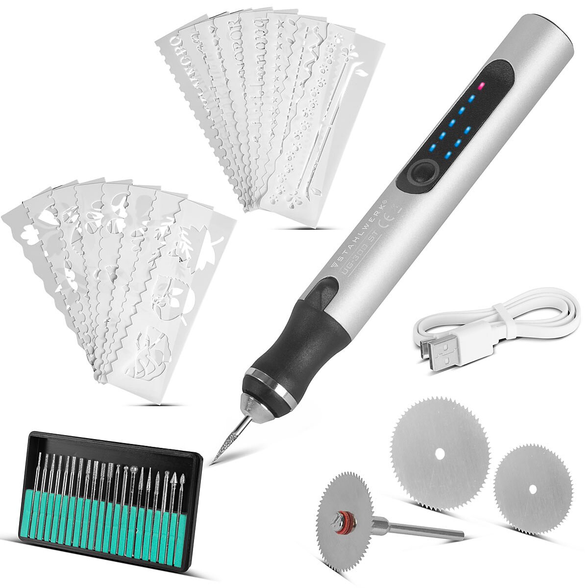 STAHLWERK USB-Gravierstift UG-300 ST mit 8 W Akku-Gravierer | Gravurstift | Graviergerät | Gravurgerät | Fräser | Gravurwerkzeug mit 3 Gängen und bis zu 18.000 U/min für präzise Graveurarbeiten