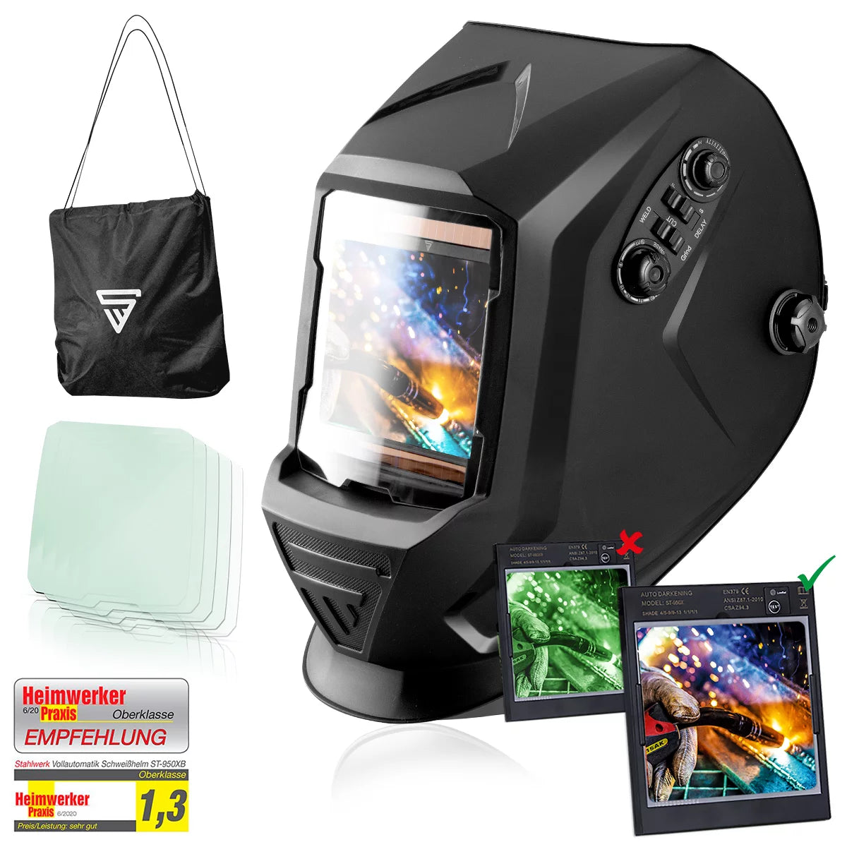 STAHLWERK ST-990 XTC Vollautomatik Real Colour, Schweißhelm mit 3 in 1 Funktion, mattschwarz