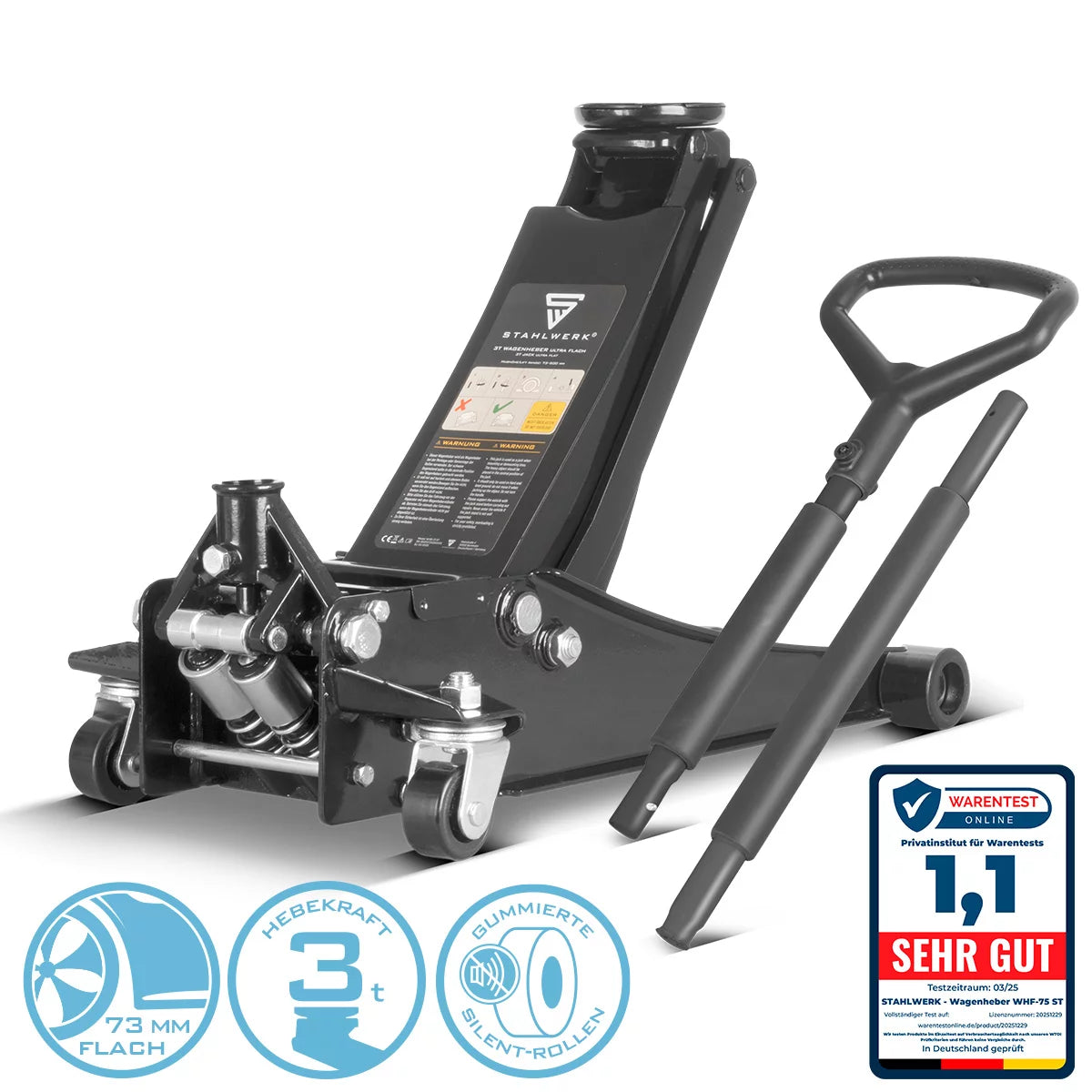 STAHLWERK Wagenheber WHB-73 ST mit 3 t Tragkraft, gummierten Rollen, Doppelhubkolben und 73-500 mm Hubbereich | extra flacher Rangierwagenheber | Hydraulik-Wagenheber | schwarzer Autoheber
