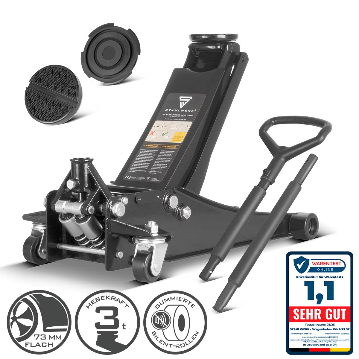 STAHLWERK car jack WHB-73 ST with 3 t load capacity, rubberized silent rollers, double lifting piston and 73-500 mm lifting range | Extra flat trolley jack | Hydraulic car jack | Black car jack