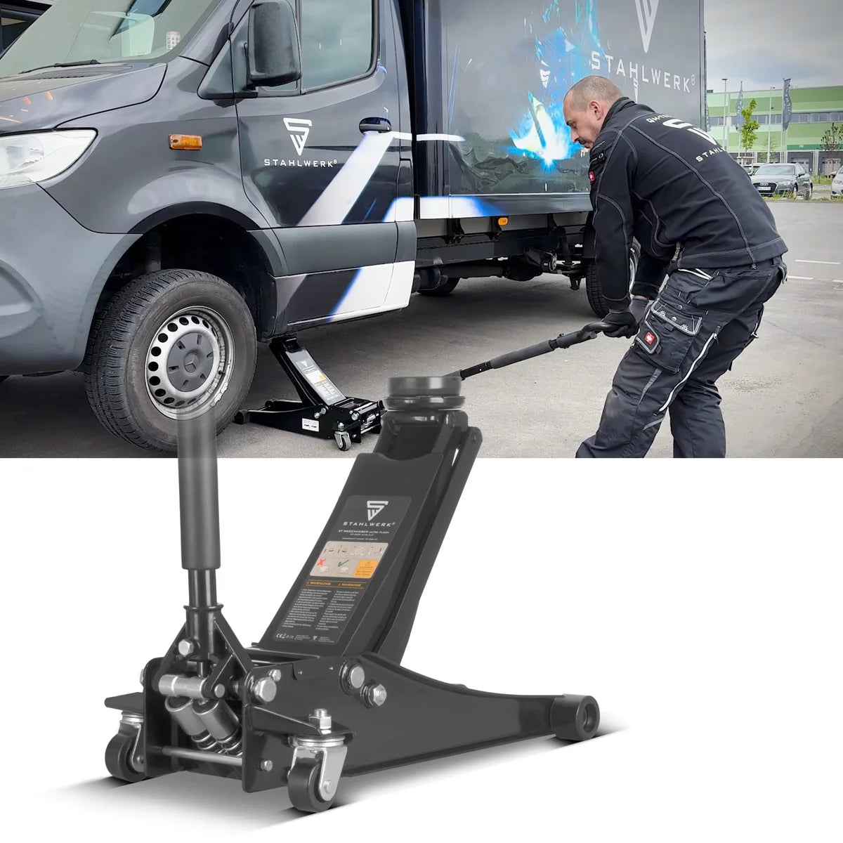 STAHLWERK car jack WHB-73 ST with 3 t load capacity, rubberized silent rollers, double lifting piston and 73-500 mm lifting range | Extra flat trolley jack | Hydraulic car jack | Black car jack