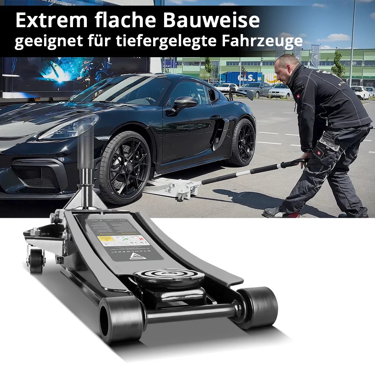 STAHLWERK car jack WHB-73 ST with 3 t load capacity, rubberized silent rollers, double lifting piston and 73-500 mm lifting range | Extra flat trolley jack | Hydraulic car jack | Black car jack