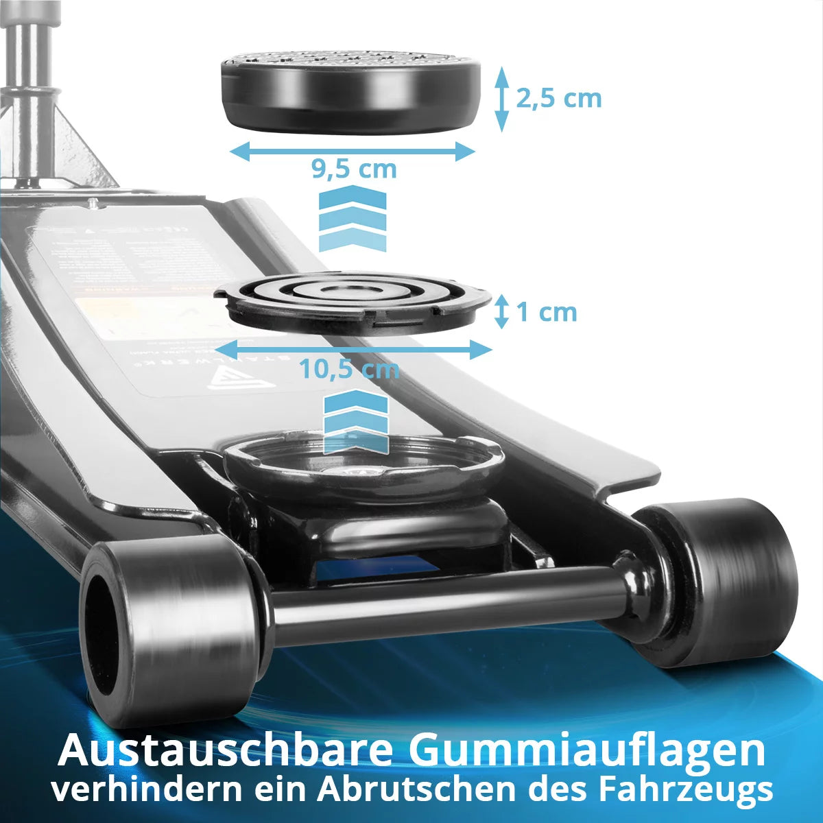 STAHLWERK car jack WHB-73 ST with 3 t load capacity, rubberized silent rollers, double lifting piston and 73-500 mm lifting range | Extra flat trolley jack | Hydraulic car jack | Black car jack