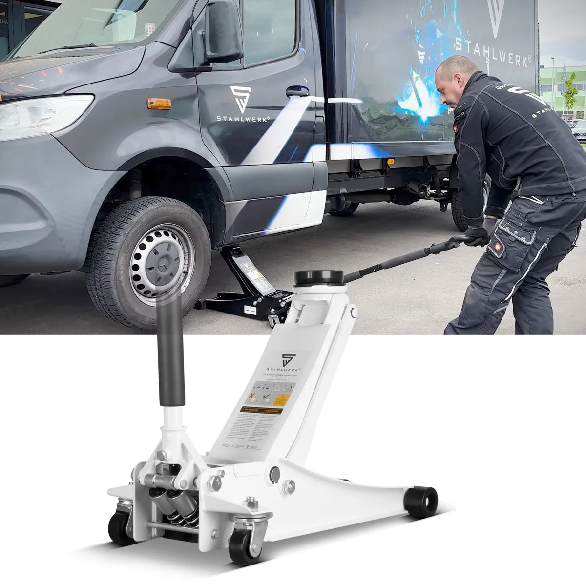 STAHLWERK Wagenheber WHW-73 ST mit 3 t Tragkraft, gummierten Rollen, Doppelhubkolben und 73-500 mm Hubbereich | extra flacher Rangierwagenheber | Hydraulik-Wagenheber | weißer Autoheber