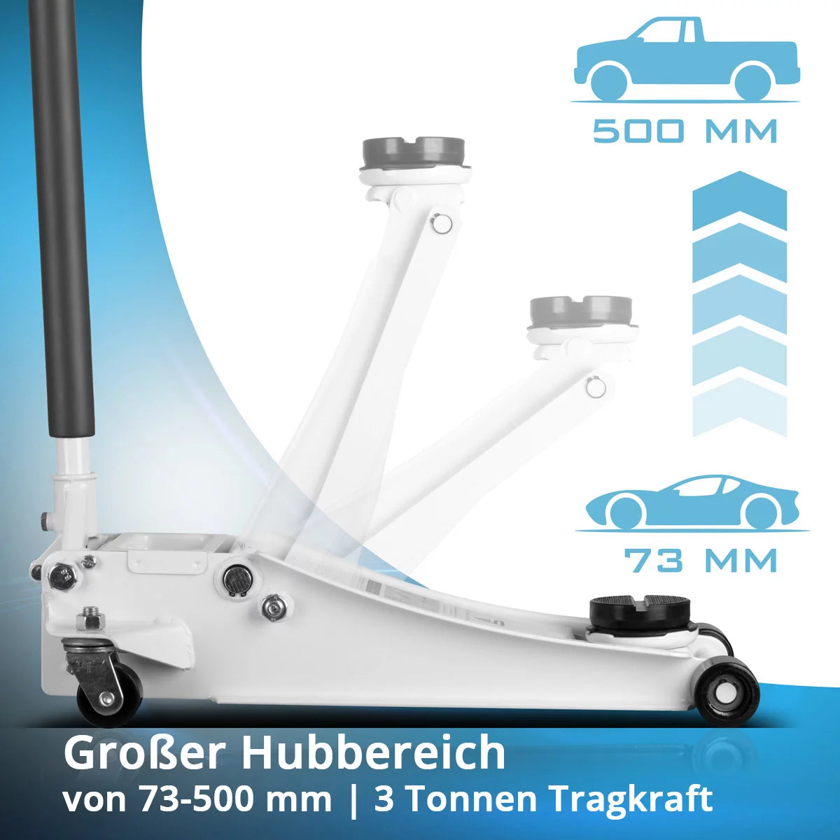 STAHLWERK CAR LIFTER WHW-73 ST con capacità di carico di 3 t, rulli gommati, pistoni a doppio sollevamento e area di sollevamento di 73-500 mm | Trollley di manovra extra piatto | Carrelli idraulici | Autoober bianco