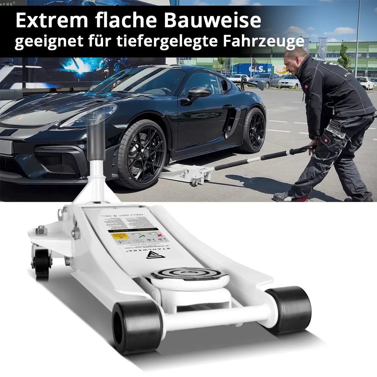 STAHLWERK Wagenheber WHW-73 ST mit 3 t Tragkraft, gummierten Rollen, Doppelhubkolben und 73-500 mm Hubbereich | extra flacher Rangierwagenheber | Hydraulik-Wagenheber | weißer Autoheber