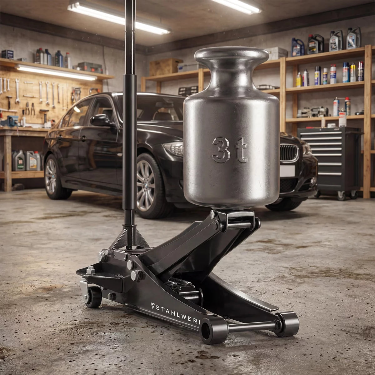 STAHLWERK Wagenheber WHF-73 ST mit 3 t Tragkraft, Long-Life-Stahlrollen, Doppelhubkolben und 73-500 mm Hubbereich | Extra flacher Rangierwagenheber | Hydraulik-Wagenheber | Schwarzer Autoheber