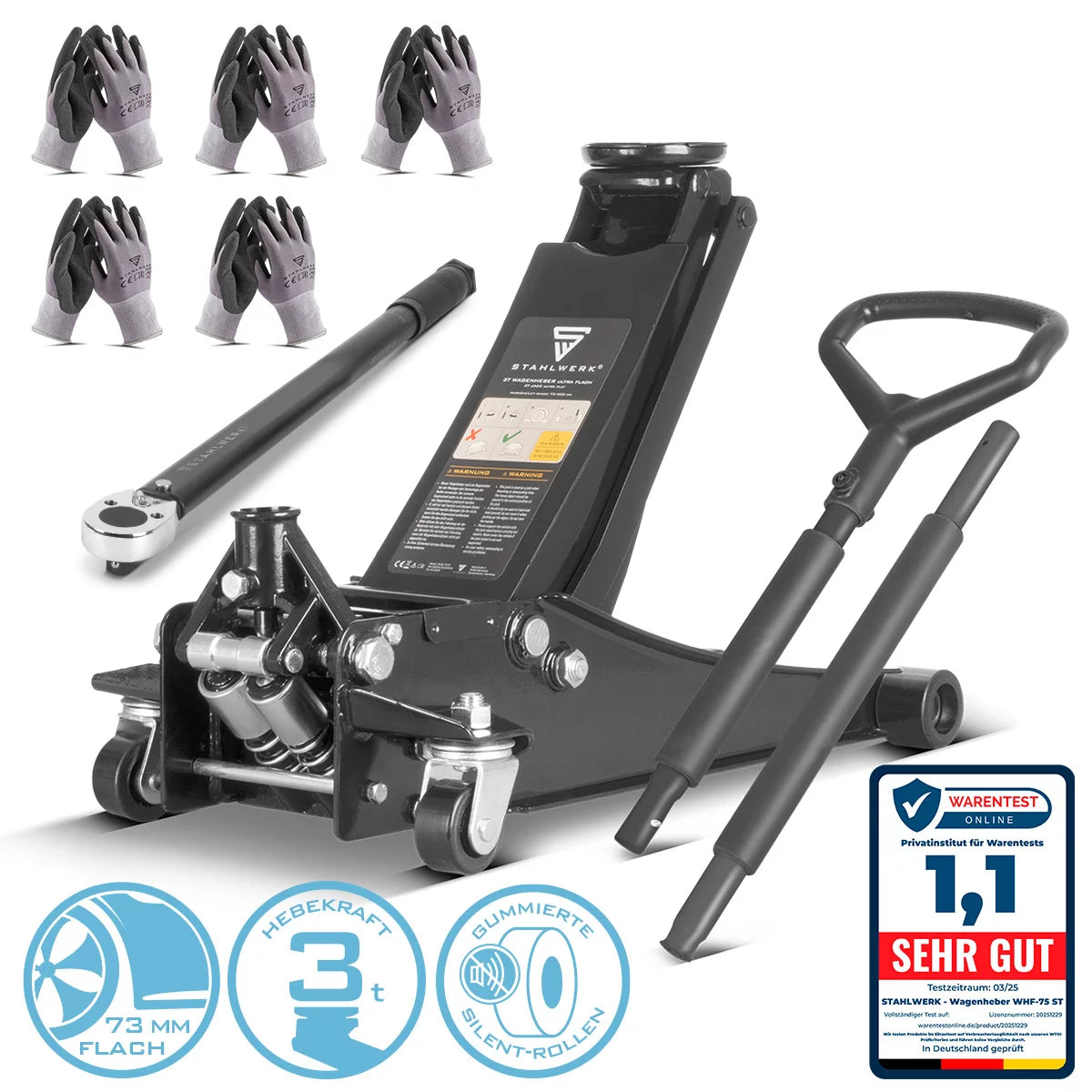 STAHLWERK Reifenwechsel Set Wagenheber WHB-73 ST mit 3 t Tragkraft, gummierten Rollen, Doppelhubkolben und 73-500 mm Hubbereich | Drehmomentschlüssel TW-350 ST mit 70-350 Nm | Arbeitshandschuhe