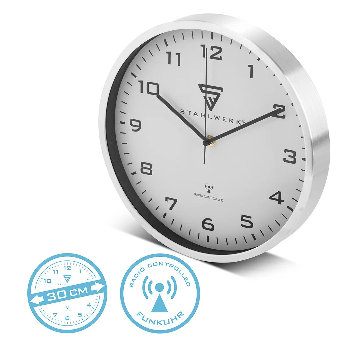 Steelwork wall clock 30 cm silver workshop watch | Radio clock | Radio wall clock | Office clock | Kitchen watch with aluminum housing and RCC clockwork