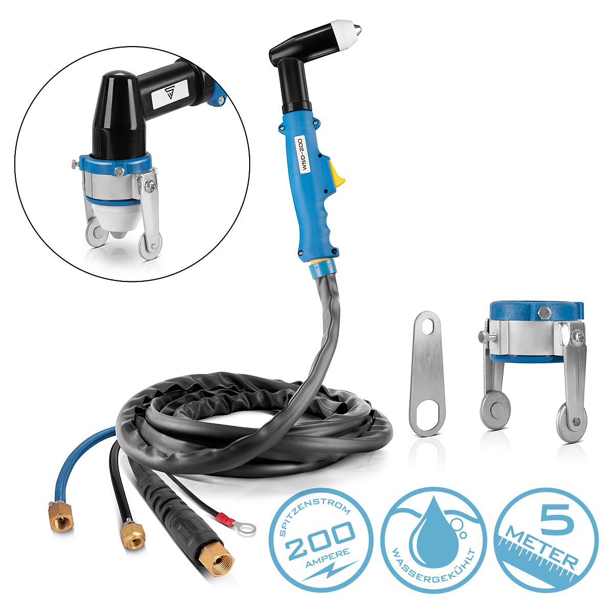 STAHLWERK WSD-200 Wassergekühlter Plasmaschneidbrenner bis 200 A CUT-Schneidbrenner | Plasmabrenner mit 5 m Schlauchpaket und separatem Abstandshalter | Rollenführung für Plasmaschneider