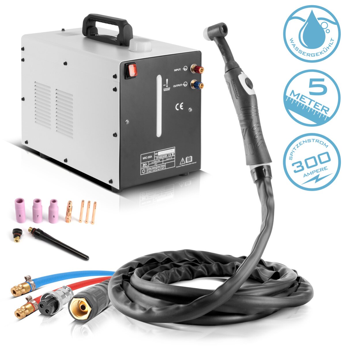 Su soğutmalı peruk kaynak brülör çelik işleri WP18 | SR18 ila 300 A, 370 W ve 6 L tanklı su soğutucu dahil 5 m koruyucu gaz hortumu paketi ile