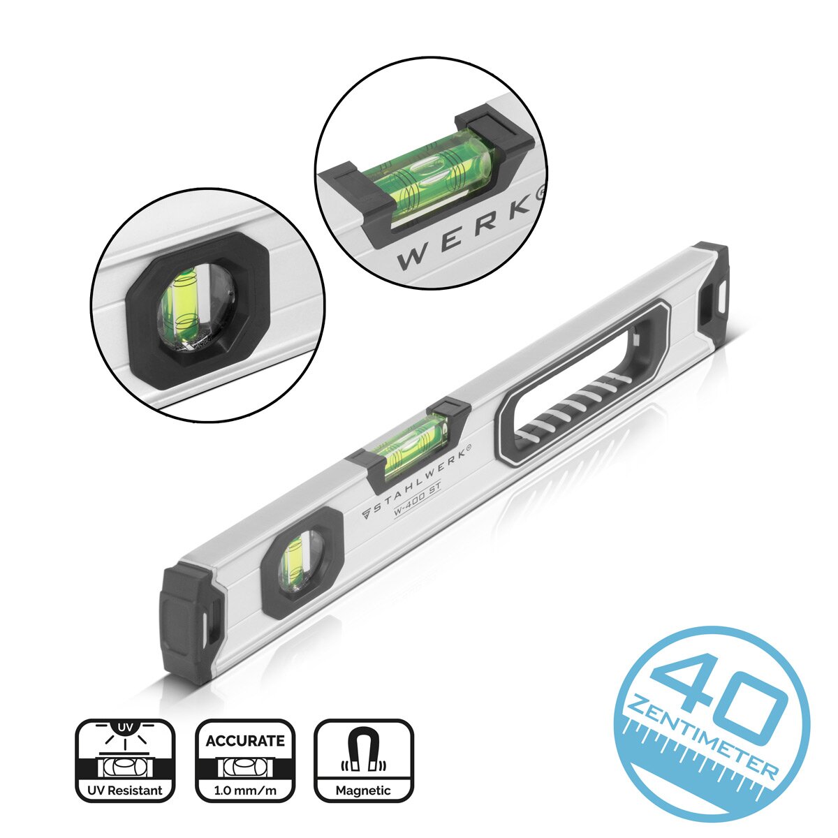 STAHLWERK Wasserwaage W-400 ST aus Aluminium mit 400 mm Länge magnetische Richtwaage | Magnet-Wasserwaage | Aluminium-Wasserwaage